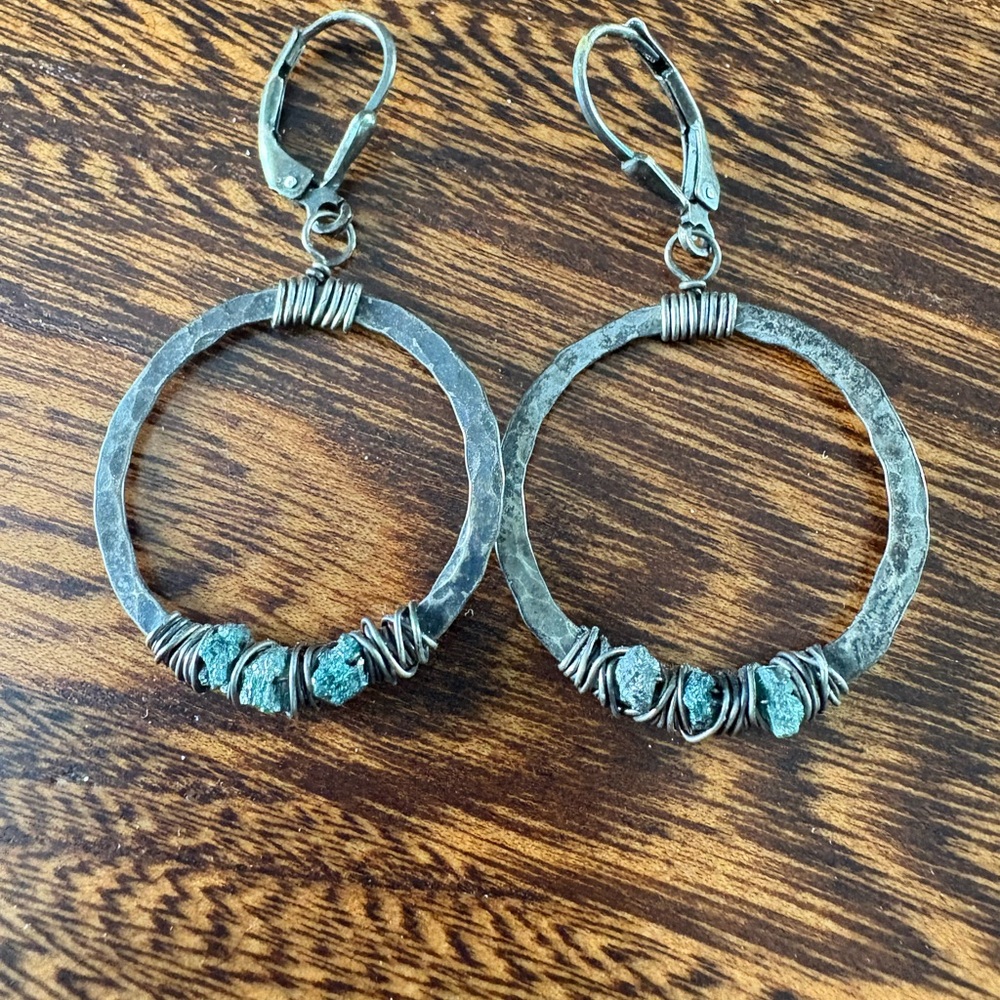 Green Raw Diamond and Wire Wrapped Hoop Dangle Earrings